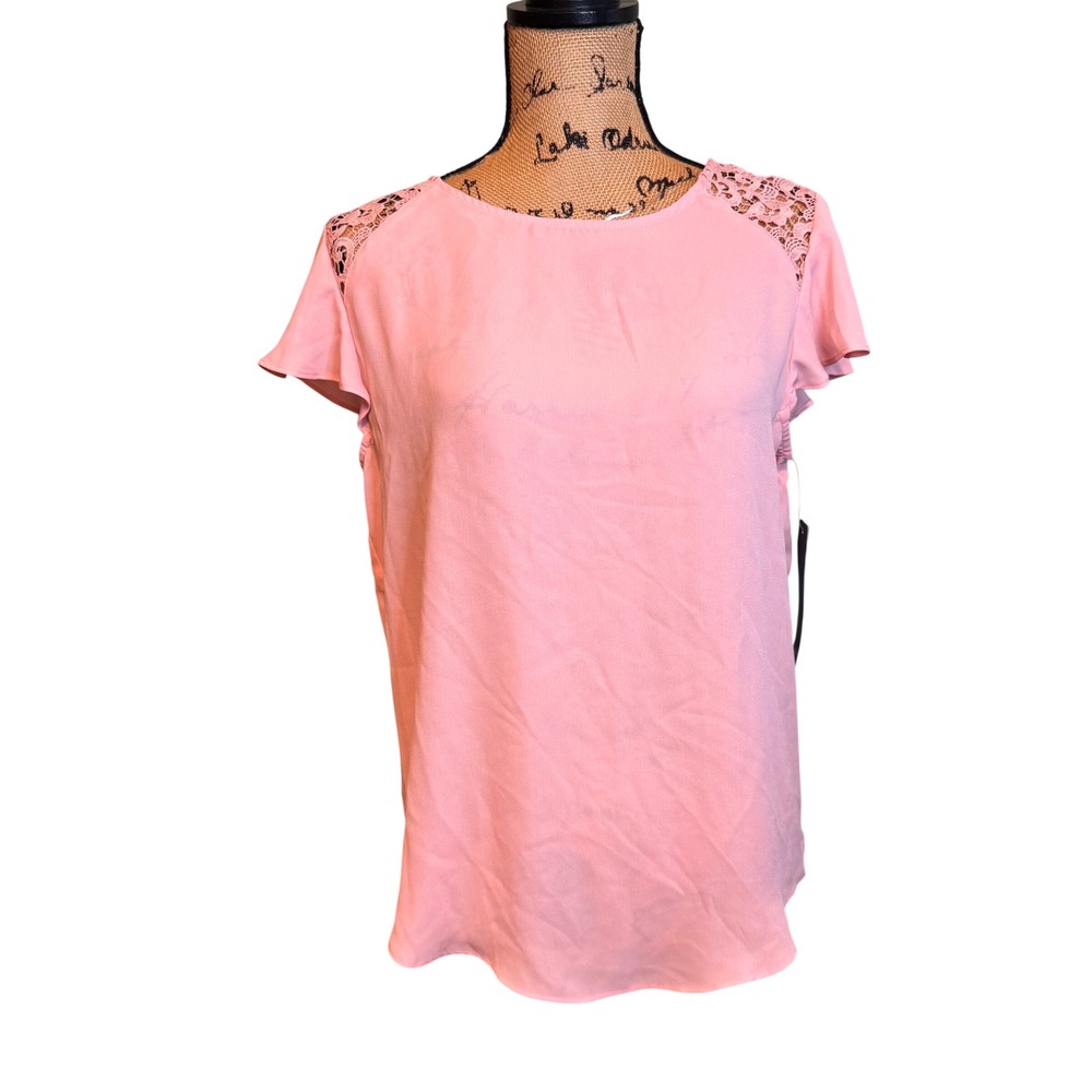 NWT Massini Pink Flutter Sleeve Lace Crochet Yoke Blouse‎ Top Small
